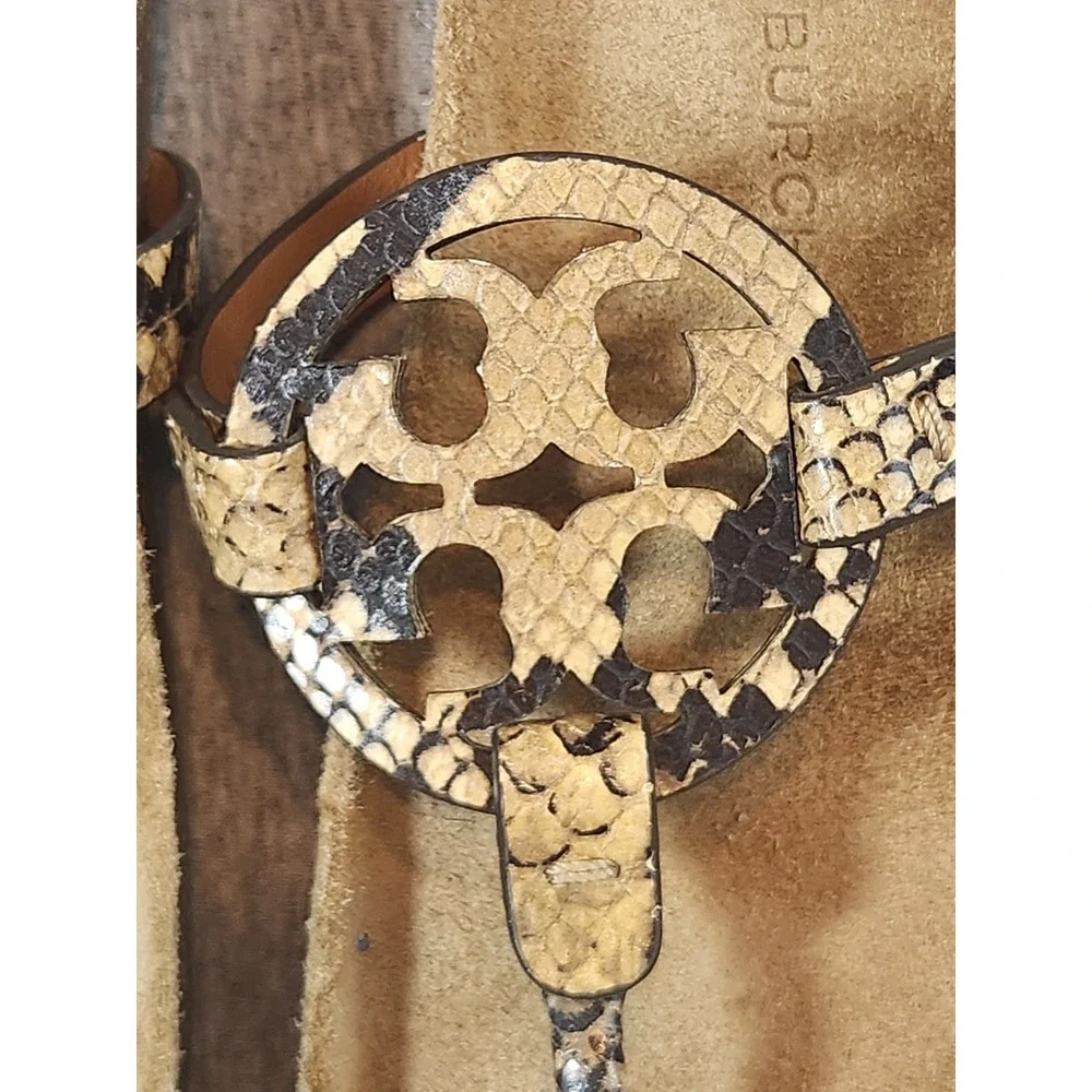 Tory Burch Miller Cloud Snakeskin Leather Thong Sandals Tan Black Womens 8